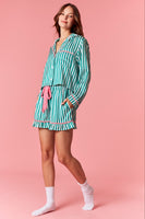 Peach Love Merry & Bright Embroidered Striped Pajamas with Velvet Details in Kelly Green/Pink