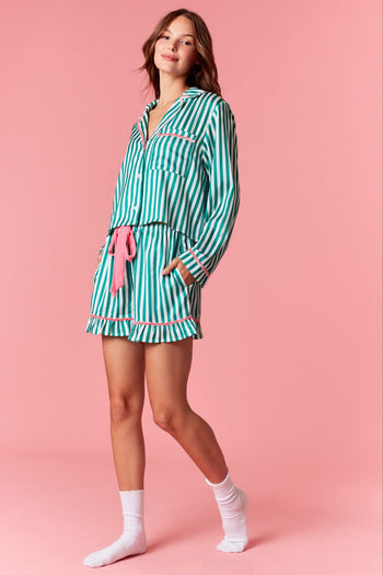Peach Love Merry & Bright Embroidered Striped Pajamas with Velvet Details in Kelly Green/Pink