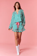 Load image into Gallery viewer, Peach Love Merry &amp; Bright Embroidered Striped Pajamas with Velvet Details in Kelly Green/Pink
