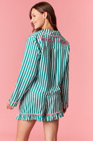 Peach Love Merry & Bright Embroidered Striped Pajamas with Velvet Details in Kelly Green/Pink