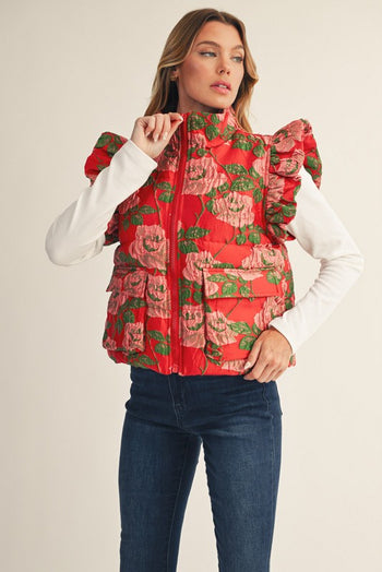 Jodifl Jacquard Floral Puff Vest in Red