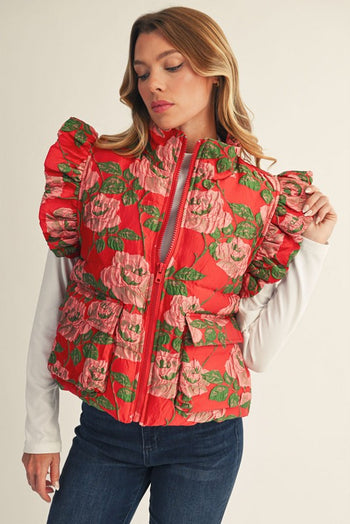 Jodifl Jacquard Floral Puff Vest in Red