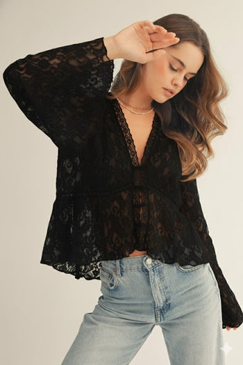 LovLov Romantic Floral Lace V Neck Button Up Blouse in Black