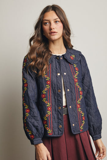 Forte Embroidered Quilted Denim Jacket in Midnight Indigo