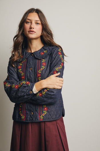 Forte Embroidered Quilted Denim Jacket in Midnight Indigo
