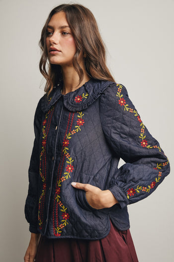 Forte Embroidered Quilted Denim Jacket in Midnight Indigo