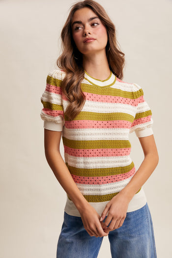 Listicle Striped Pointelle Knit Top in Olive Coral