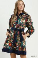 Umgee Floral Print Belted Puff Sleeve Mini Dress in Midnight
