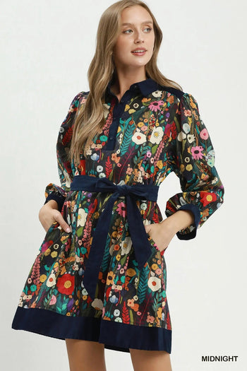 Umgee Floral Print Belted Puff Sleeve Mini Dress in Midnight