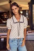 LovLov Sweet Poise Polka Dot Ribbon Detail Top in Ivory