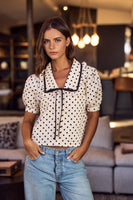 LovLov Sweet Poise Polka Dot Ribbon Detail Top in Ivory