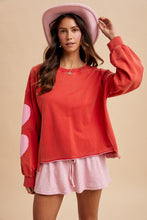 Load image into Gallery viewer, AnnieWear Heart Patched Mineral Washed Sweatshirt in Red/Pink
