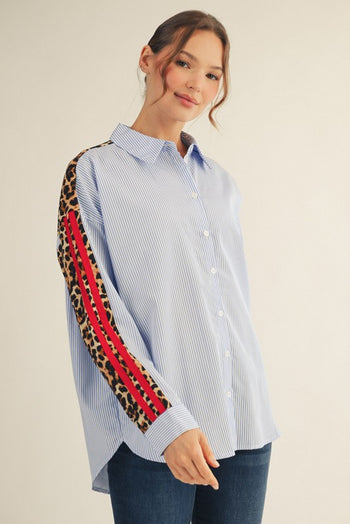 Jodifl Contrasting Stripe and Leopard Print Top in Blue