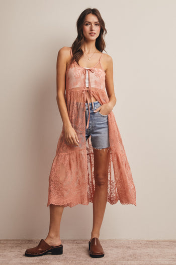 Forte Embroidered Lace Long Duster in Rosewood