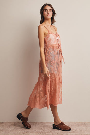 Forte Embroidered Lace Long Duster in Rosewood