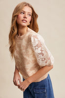 Listicle Rose Embroidered Contrast Knit Top in Champagne