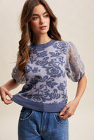Listicle Rose Embroidered Contrast Knit Top in Denim Blue