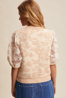 Listicle Rose Embroidered Contrast Knit Top in Champagne