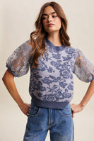 Listicle Rose Embroidered Contrast Knit Top in Denim Blue