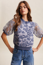 Load image into Gallery viewer, Listicle Rose Embroidered Contrast Knit Top in Denim Blue
