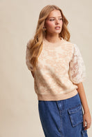Listicle Rose Embroidered Contrast Knit Top in Champagne