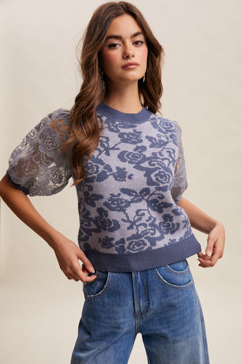 Listicle Rose Embroidered Contrast Knit Top in Denim Blue