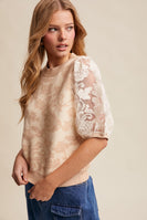 Listicle Rose Embroidered Contrast Knit Top in Champagne