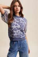 Listicle Rose Embroidered Contrast Knit Top in Denim Blue