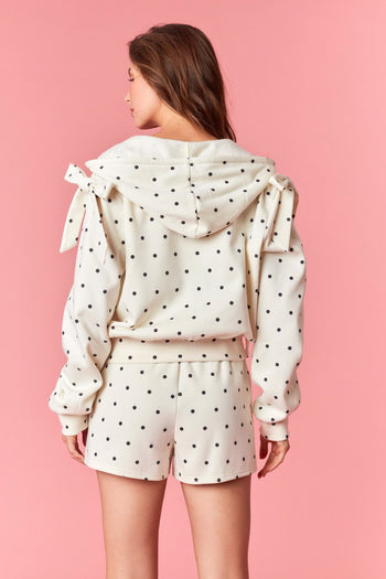 Peach Love Polka Dot French Terry Jacket with Bow Tie Details in Cream/Black