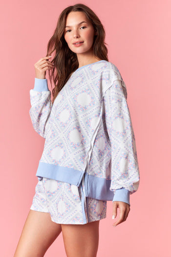 Peach Love Floral Scarf Print French Terry Sweatshirt in Light Blue Multi