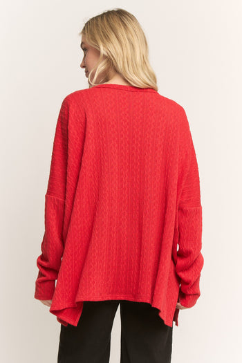 HEIMISH OVERSIZED Textured Knit Top with Sequin Christmas Bow in Red