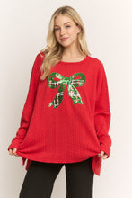 Load image into Gallery viewer, HEIMISH OVERSIZED Textured Knit Top with Sequin Christmas Bow in Red

