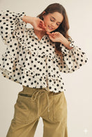 LovLov Contrasting Polka Dot Flowy Boho Top in Ivory
