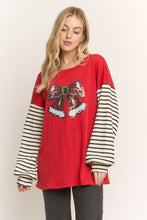 Load image into Gallery viewer, HEIMISH Textured Knit Top with Sequin Santa Bow and Contrasting Striped Sleeves in Red
