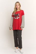Load image into Gallery viewer, HEIMISH Textured Knit Top with Sequin Santa Bow and Contrasting Striped Sleeves in Red

