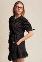 Load image into Gallery viewer, Listicle Lace Trim Peplum Top and Skirt Set in Black
