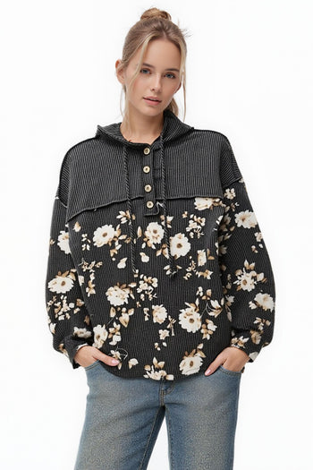 HEIMISH Contrasting Solid and Floral Ribbed Knit Hooded Top in Black
