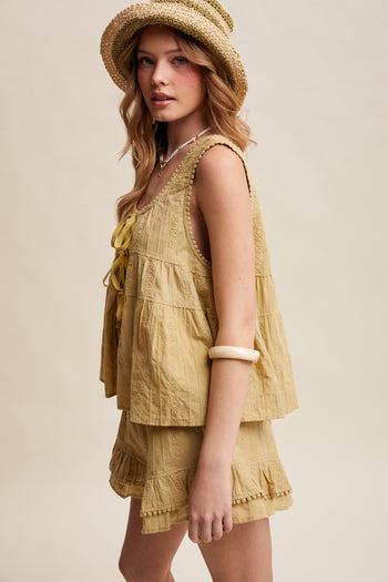 Listicle Embroidered Tiered Ruffle Set in Willow Green