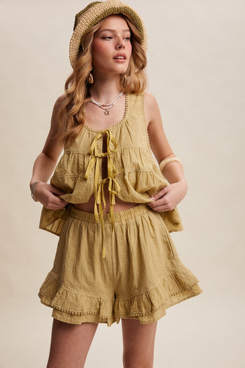 Listicle Embroidered Tiered Ruffle Set in Willow Green