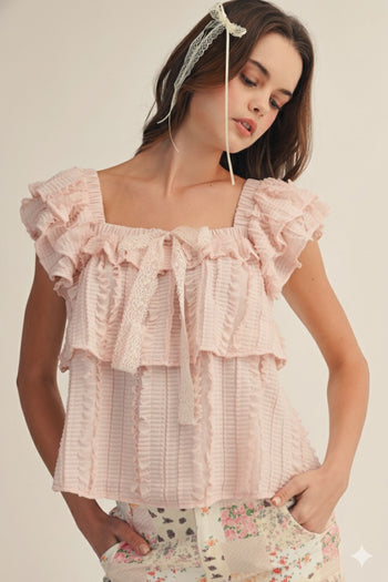 LovLov Victorian Ruffle Pleated Top With Lace Accents in Blush Pink