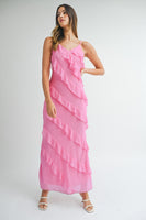 MABLE Asymetrical Tiered Ruffled Maxi Dress in Pink