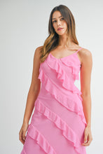 Load image into Gallery viewer, MABLE Asymetrical Tiered Ruffled Maxi Dress in Pink
