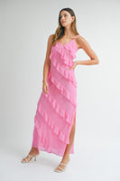 MABLE Asymetrical Tiered Ruffled Maxi Dress in Pink