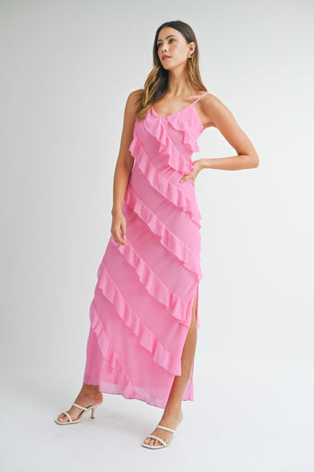 MABLE Asymetrical Tiered Ruffled Maxi Dress in Pink