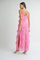 MABLE Asymetrical Tiered Ruffled Maxi Dress in Pink