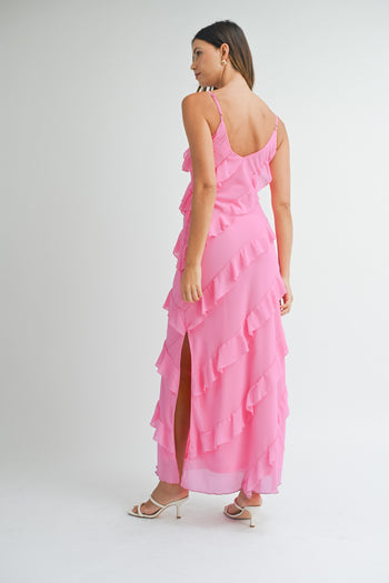 MABLE Asymetrical Tiered Ruffled Maxi Dress in Pink