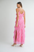 Load image into Gallery viewer, MABLE Asymetrical Tiered Ruffled Maxi Dress in Pink

