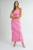 MABLE Asymetrical Tiered Ruffled Maxi Dress in Pink