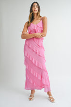 Load image into Gallery viewer, MABLE Asymetrical Tiered Ruffled Maxi Dress in Pink
