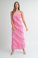 MABLE Asymetrical Tiered Ruffled Maxi Dress in Pink